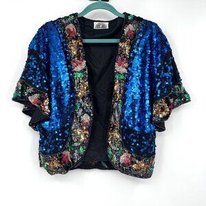 Vintage 1980s Women A D Clever Fingers Sequin seed bead embellished open jacket